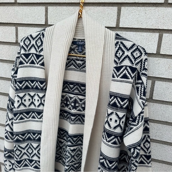Chaps Fair Isle Shawl Collar Cardigan Sweater Navy Cream Cotton Nordic Ski M - Picture 2 of 8